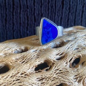 Lapis Lazuli Sterling Silver Triangle with Pyrite Ring, Size 7